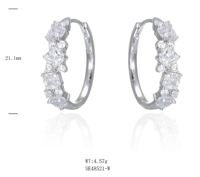 SE48521, Ladies' Moissanite Earring, S925, Rhodium Plated, White, 3.96g