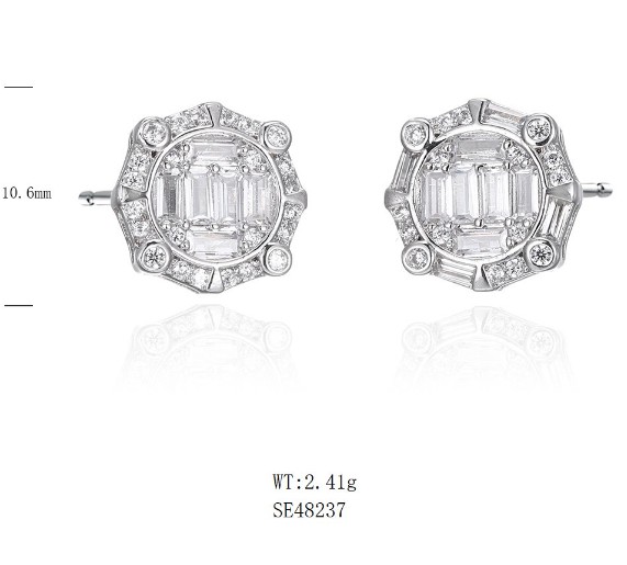 SE48237, Ladies' Moissanite Earring, S925, Rhodium Plated, White, 2.4g