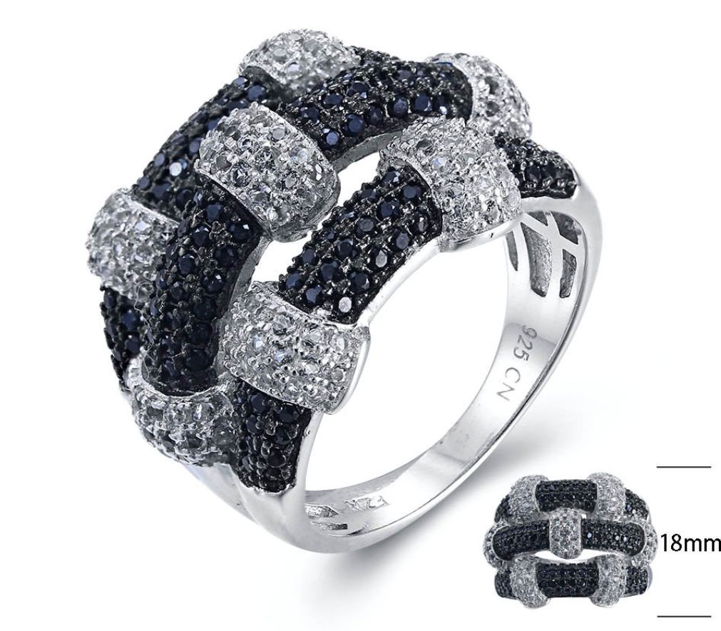 SJ23628-C, Ladies' Moissanite Ring, S925, Rhodium + Black Rhodium Plated, Silver, 7.87g